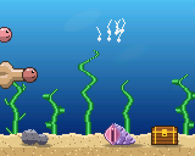 The Dickuarium screen: four swimmers, plants, rocks and a treasure chest